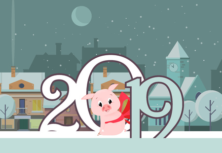 Poster design with piglet and numbers. Cute piglet in red neckband inside zero number on background with snowy winter town. Can be used for postcards, invitations, greeting cardsのイラスト素材