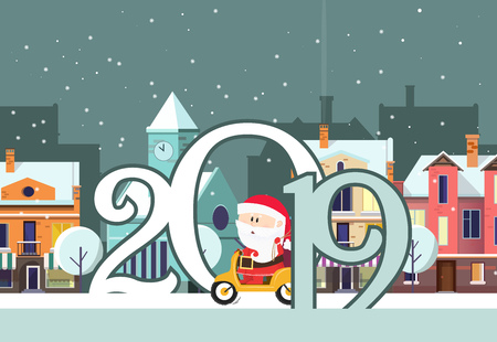 Poster design with Santa Claus and numbers. Santa in yellow car inside zero number on background with snowy winter town. Can be used for postcards, invitations, greeting cardsのイラスト素材