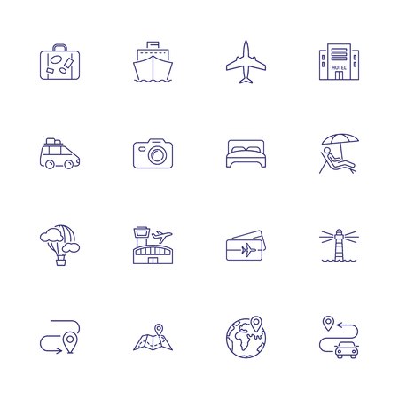 Tour icons. Set of line icons. Liner, airport, hotel, map. Travel concept. Vector illustration can be used for topics like tourism, vacations, transportationのイラスト素材