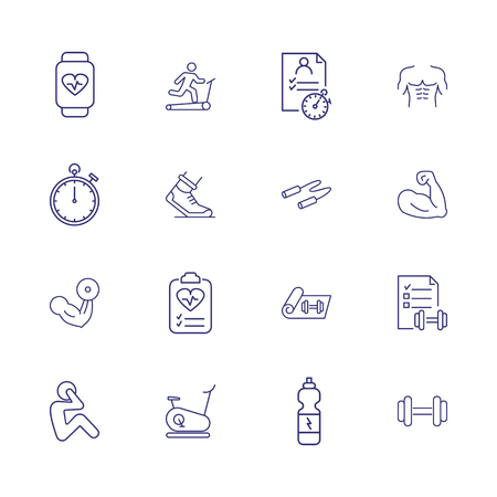 Sport record icons. Set of line icons. Jogging, muscle, pulse trace. Fitness concept. Vector illustration can be used for topics like sport, healthy lifestyle, trainingのイラスト素材