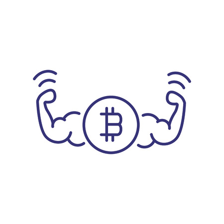 Power of bitcoin line icon. Two strong muscle arms with bitcoin sign on white background. Cryptocurrency concept. Vector illustration can be used for topics like money, finance, economy, investmentのイラスト素材