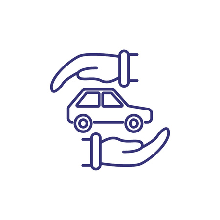Protection of car line icon. Car between two hands on white background. Insurance concept. Vector illustration can be used for topics like auto, car insurance, protectionのイラスト素材