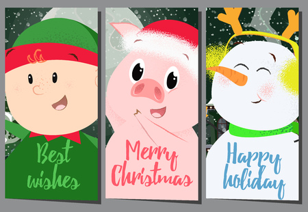 Bright Happy Holiday poster design with cartoon trio. Illustration of snowman, elf and piglet. Can be used for postcards, greeting cards, leafletsのイラスト素材