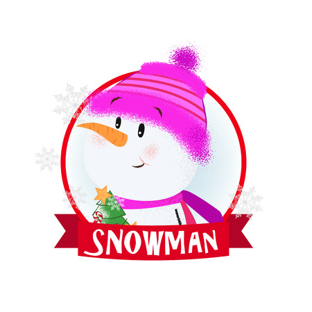 Christmas poster design with snowman. Drawing of snowman in pink hat in red round frame on white background. Can be used for postcards, greeting cards, leafletsのイラスト素材