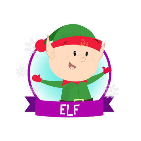 Christmas poster design with merry elf. Drawing of santa helper in green costume in purple round frame on white background. Can be used for postcards, greeting cards, leafletsのイラスト素材