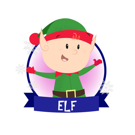 Creative greeting card with Christmas elf. Illustration of smiling Santa helper in blue round frame on white background, Can be used for postcards, greeting cards, leafletsのイラスト素材