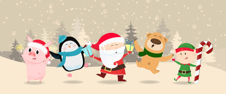 Happy Holidays winter postcard with cartoon elf. Poster with cartoon character of Christmas elf near fir-tree on green background. Can be used for programs, postcards, invitationsのイラスト素材