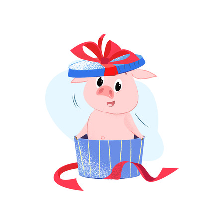 Joyful pig sitting in box like present. Symbol of year, animal, surprise. Can be used for topics like New Year, gift, holidayのイラスト素材