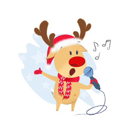 Reindeer singing Christmas song in microphone. Song, performance, karaoke. Can be used for topics like New Year, holiday, concertのイラスト素材