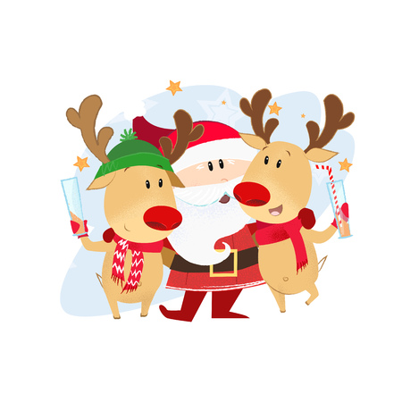 Santa Claus and deer drinking cocktails at party. Fun, joy, friends. Can be used for topics like Christmas, event, New Yearのイラスト素材