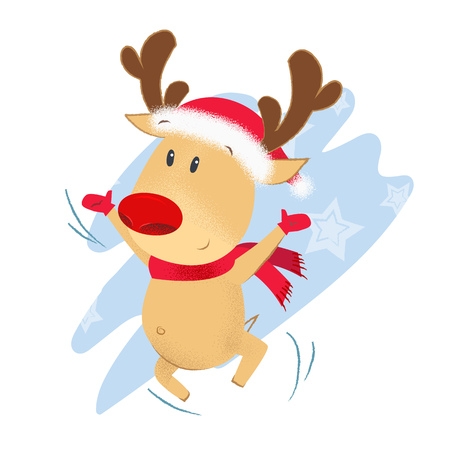Smiling dancing reindeer in scarf and hat. Cartoon, animal, mascot. Can be used for topics like holiday, Christmas, North Poleのイラスト素材
