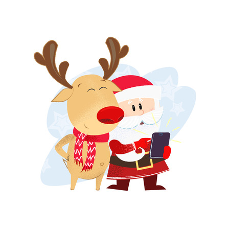 Santa Claus and reindeer taking selfie. Smartphone, character, cartoon. Can be used for topics like Christmas, North Pole, communicationのイラスト素材