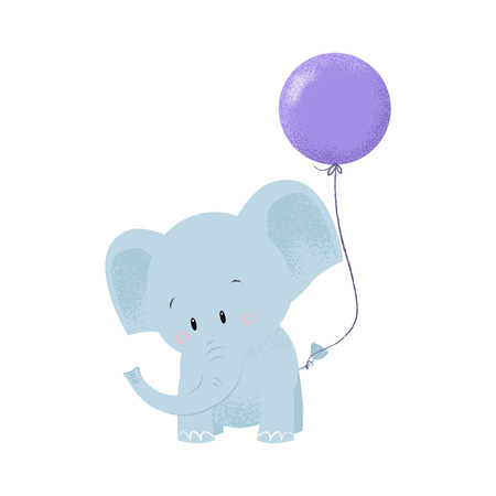 Cute baby elephant with air balloon tied on tail. Celebration concept. Vector illustration can be used for topics like holiday, birthday, anniversaryのイラスト素材