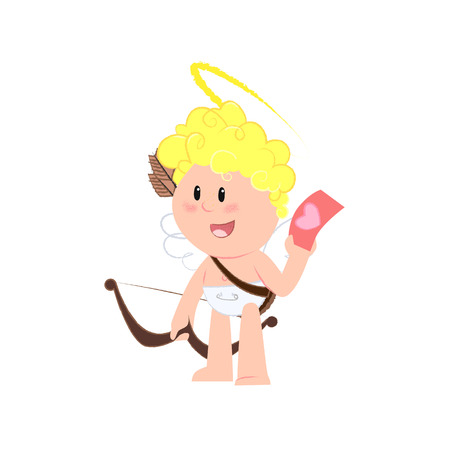 Little cartoon Cupid holding flyer with heart. Love concept. Vector illustration can be used for topics like party invitation, Valentines day, celebrationのイラスト素材