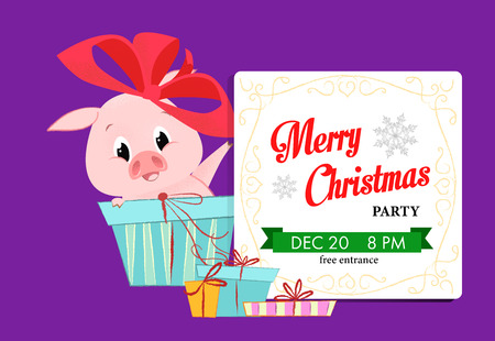 Merry Christmas party creative purple invitation design. Lettering in white frame with funny pig inside gift box on purple background. Can be used for postcards, invitations, greeting cardsのイラスト素材