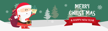 Merry Christmas and Happy New Year green postcard with Santa Claus. Illustration of Santa Claus holding gift sack on background with winter forest. Can be used for postcards, greeting cards, leafletsのイラスト素材