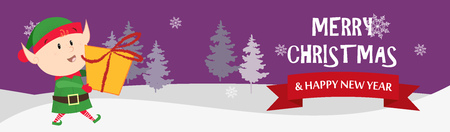 Merry Christmas and Happy New Year purple postcard with elf. Illustration of elf holding gift box on purple background with winter forest. Can be used for postcards, greeting cards, leafletsのイラスト素材