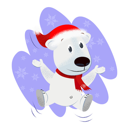 Cheerful dog in red scarf and Santa hat dancing, jumping and having fun. Christmas concept. Vector illustration can be used for banner design, greeting cards, party invitationsのイラスト素材