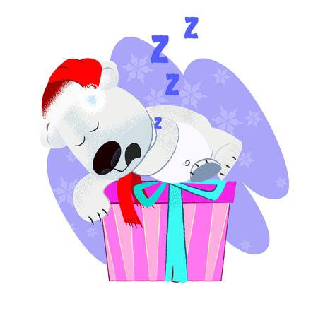 Sweet cartoon dog sleeping on present box. Christmas gifts concept. Vector illustration can be used for banner design, festive posters, greeting cardsのイラスト素材