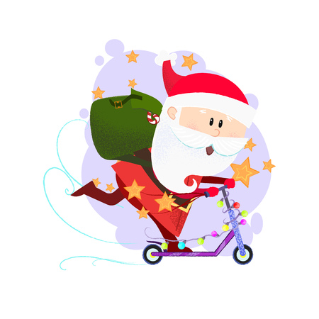 Excited cartoon Santa with bag of gifts riding scooter decorated with fairy lights. Gifts delivery concept. Vector illustration can be used for banner design, greeting cards, flyersのイラスト素材