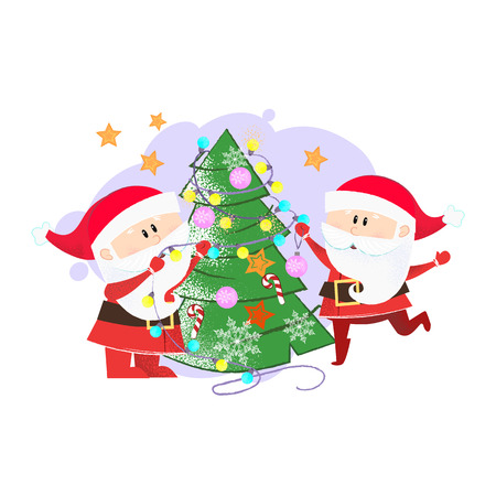 Two Santa Clauses decorating Christmas tree. Celebrating and party concept. Vector illustration can be used for banner design, festive posters, greeting cards, party invitationsのイラスト素材