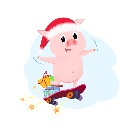 Joyful cartoon pig skateboarding with gifts. Christmas presents concept. Vector illustration can be used for festive posters, greeting cards, flyersのイラスト素材
