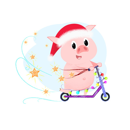 Joyful New Year pig riding scooter decorated with fairy lights. Christmas entertainment concept. Vector illustration can be used for posters, greeting cards, party invitationsのイラスト素材