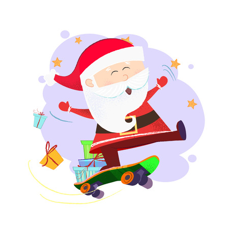 Joyful Santa Claus skateboarding with gifts. Presents delivery concept. Vector illustration can be used for banner design, festive posters, greeting cards, flyersのイラスト素材