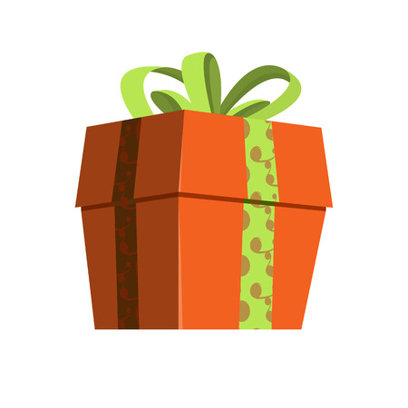 Red gift with green ribbon illustration. Present, package, bow. Festive concept. Vector illustration can be used for topics like Christmas, New Year, festivalsの写真素材