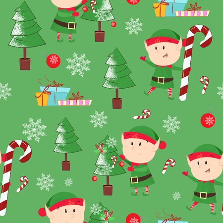 Christmas pattern with fir-trees, elfs and gift boxes. Christmas design element. For leaflets, brochures, invitations, wallpapers, backdrops, posters or banners.のイラスト素材