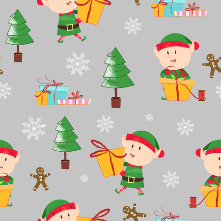 Christmas pattern with elfs, fir-trees and gift boxes. Christmas design element. For leaflets, brochures, invitations, wallpapers, backdrops, posters or banners.のイラスト素材