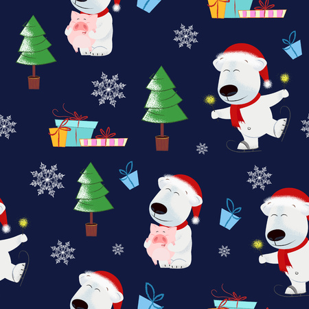 Christmas pattern with polar bears, fir-trees and gift boxes. Christmas design element. For leaflets, brochures, invitations, wallpapers, backdrops, posters or banners.のイラスト素材