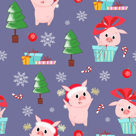 Christmas pattern with fir-trees, piglets and gift boxes. Christmas design element. For leaflets, brochures, invitations, wallpapers, backdrops, posters or banners.のイラスト素材