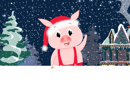 Cute piglet with village scene in background and copyspace. Christmas greeting card. For leaflets, brochures, invitations, posters or banners.のイラスト素材