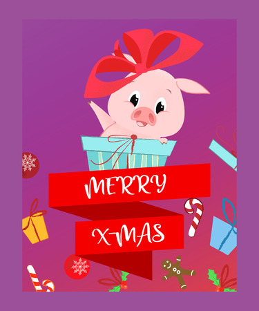 Merry X-mas lettering and cute piglet with ribbon bow. Christmas greeting card. Typed text, calligraphy. For leaflets, brochures, invitations, posters or banners.のイラスト素材