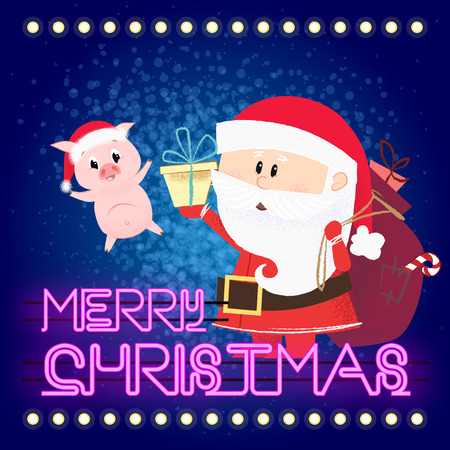 Merry Christmas neon lettering with Santa Claus and piglet. Christmas greeting card. Typed text, calligraphy. For leaflets, brochures, invitations, posters or banners.のイラスト素材