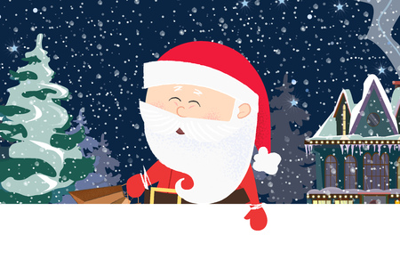 Cute Santa Claus with village scene in background and copyspace. Christmas greeting card. For leaflets, brochures, invitations, posters or banners.のイラスト素材