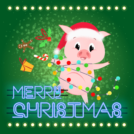 Merry Christmas neon lettering and pig with garland. Christmas greeting card. Typed text, calligraphy. For leaflets, brochures, invitations, posters or banners.のイラスト素材
