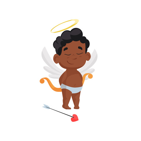 Dreamy black cupid in laurel wreath. Child, wish, archery, arrow. Can be used for topics like angel, Valentines day, dreamlikeのイラスト素材