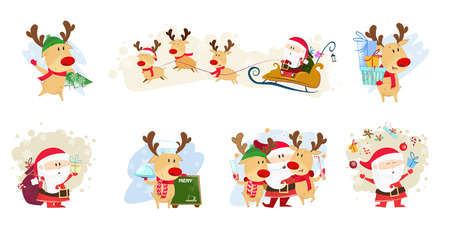Bright Santa Claus with deer set illustration. Santa Claus and deer in different poses. Can be used for topics like Christmas, winter, festivals, Happy New Yearのイラスト素材