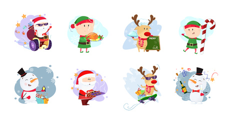Cool Christmas company set illustration. Elf, snowman and Santa Claus in different poses. Can be used for topics like Christmas, winter, festivals, Happy New Yearのイラスト素材