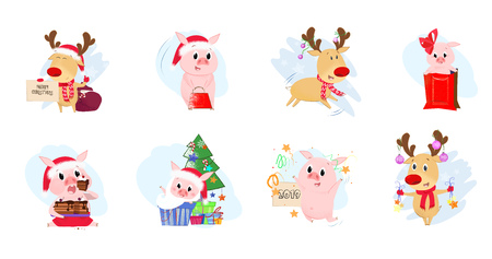Deer and piglets set illustration. Deer and piggies in different poses. Can be used for topics like Christmas, winter, festivals, Happy New Yearのイラスト素材