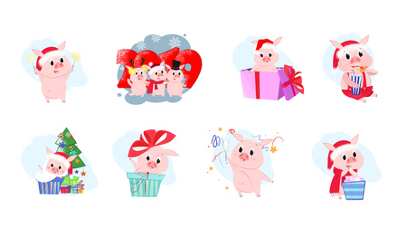 Set illustration with piglet company. Cartoon pigs in different poses. Can be used for topics like Christmas, winter, festivals, Happy New Yearのイラスト素材