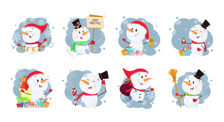 Set illustration of snowmen. Funny snowmen in different poses. Can be used for topics like Christmas, winter, festivals, Happy New Yearのイラスト素材