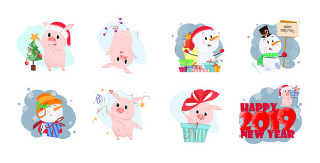 Piggy set illustration. Piglets and snowmen in different poses. Can be used for topics like Christmas, winter, festivals, Happy New Yearのイラスト素材