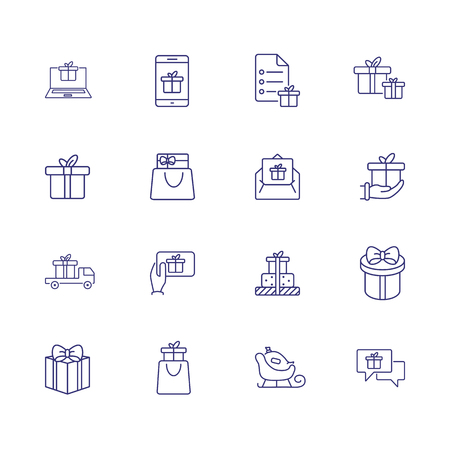 Giving gifts line icon set. Present box, vehicle, shopping bag, hand, gadget. Celebration concept. Can be used for topics like delivery, shipping, online storeのイラスト素材