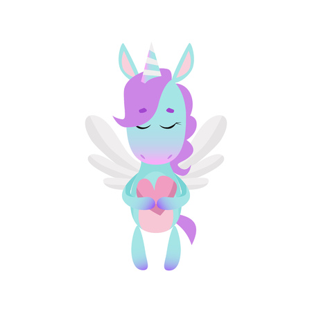 Cute unicorn with closed eyes holding heart. Valentine Day concept. Vector illustration can be used for topics like holiday, romance, loveのイラスト素材