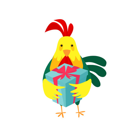 Funny cock holding gift box. Valentine Day, birthday, Christmas. Holiday concept. Vector illustration can be used for topics like celebration, party, anniversaryのイラスト素材