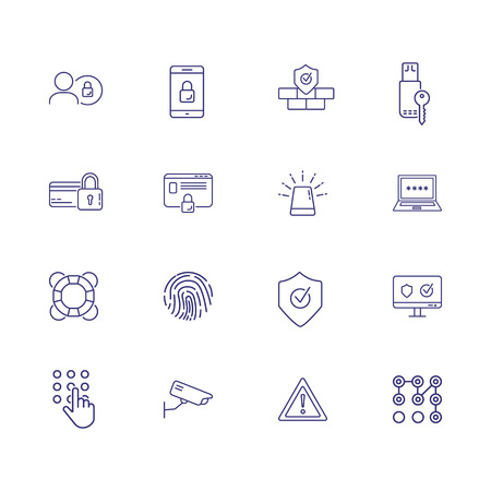 Security system line icon set. Alarm signal, credit card, memory stick with key. Protection concept. Can be used for topics like secured payment, data safety, protected accessのイラスト素材