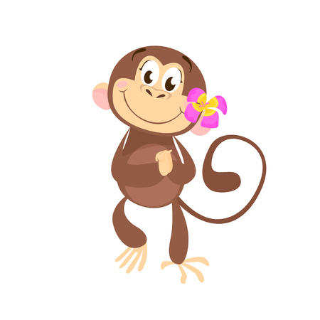 Happy cartoon monkey with tropical flower at ear dancing and having fun. Cute character, animal, joy. Can be used for topics like vacation, zoo, jungleのイラスト素材